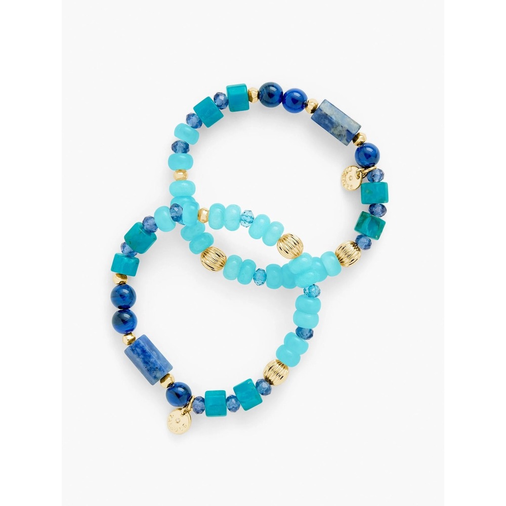 Talbots Beaded Stretch Bracelets Blue Turquoise Gold Tone Coastal Beachy EUC